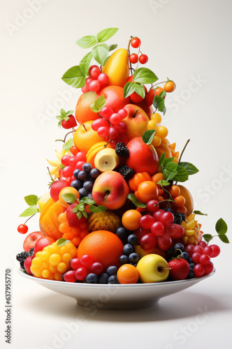 Different fresh fruit make in form of pyramid on white