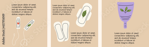 A set of designs about feminine hygiene products during menstruation. Vector illustration in flat style