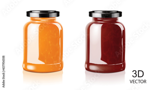 vector illustration dark red and yellow color fruits jam bottles design template on the white background isolated.