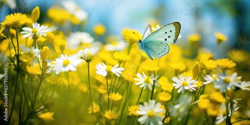 Cheerful buoyant spring summer shot of yellow Santolina flowers and butterflies in meadow in nature outdoors on bright sunny day. Generative AI © piai