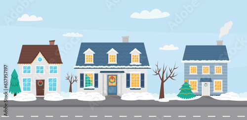 Christmas winter city street in cartoon flat style