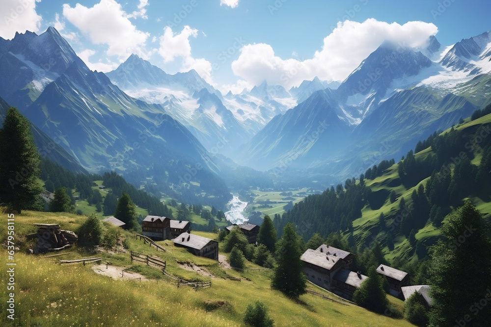 Mountains valley village, beautiful landscape in the french alps, view of mountain's traditional cottages on the snow mountains background. AI Generative