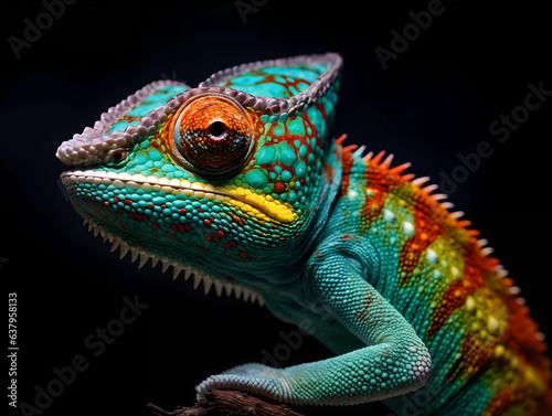 Chameleon close-up on black background，colorful animal close up