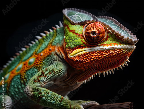 Chameleon close-up on black background   colorful animal close up