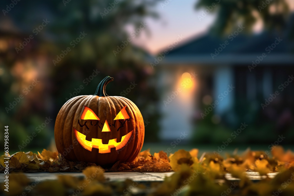 Fototapeta premium Halloween Orange Pumpkin head with light inside on the garden background, AI Generated.