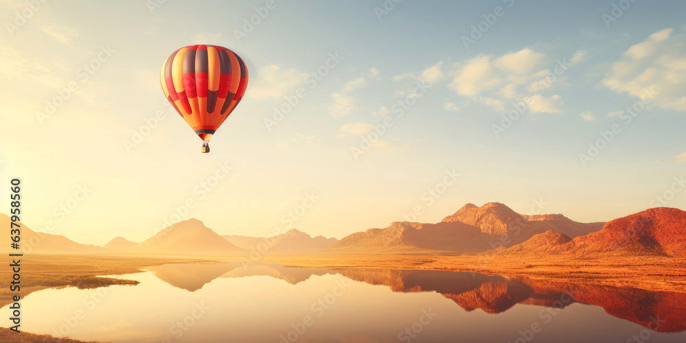 Fototapeta premium Hot air balloon floats peacefully over a serene landscape. Generative AI