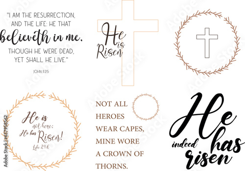 Easter Biblical quotes set, Scripture Bundle, He is risen, Christian signs, Cross and Crown, Easter Bible Verses pack, vector illustration