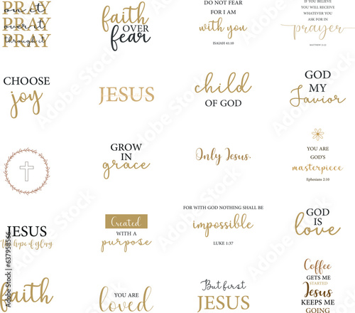 Christian quotes, encouraging Bible Verses set, Biblical Scripture Bundle, religious sayings, black and beige text, child of God, faith, Jesus, pray, created with a purpose, vector illustration