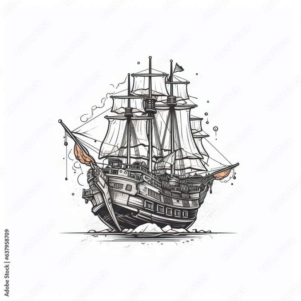 Illustration of a small sailboat sailing on the high seas. Generative AI.