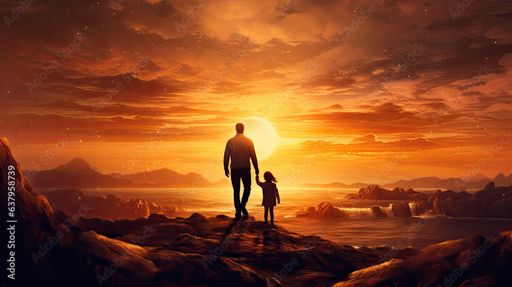 Parent and child at sunset. AI Generative Parent and child at sunset. AI Generative