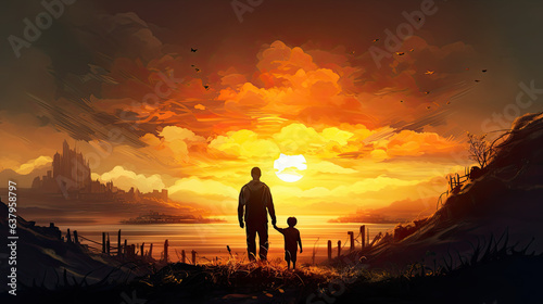 Parent and child at sunset. AI Generative