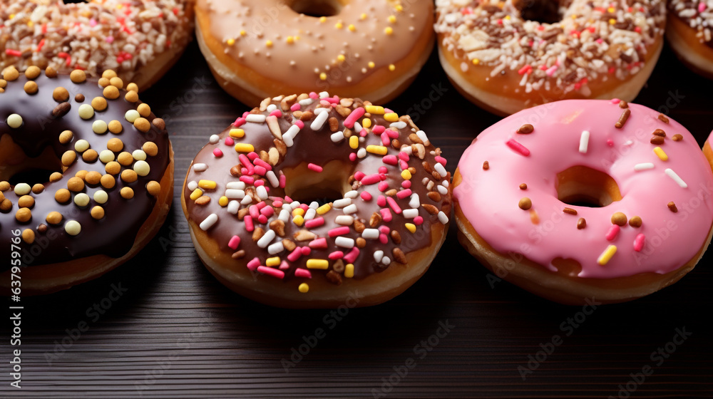 Several donuts with interesting toppings are arranged and displayed. Most of them are pink and uniform in size. Several donuts with interesting toppings are arranged and displayed. Most of them are pink and uniform in size.