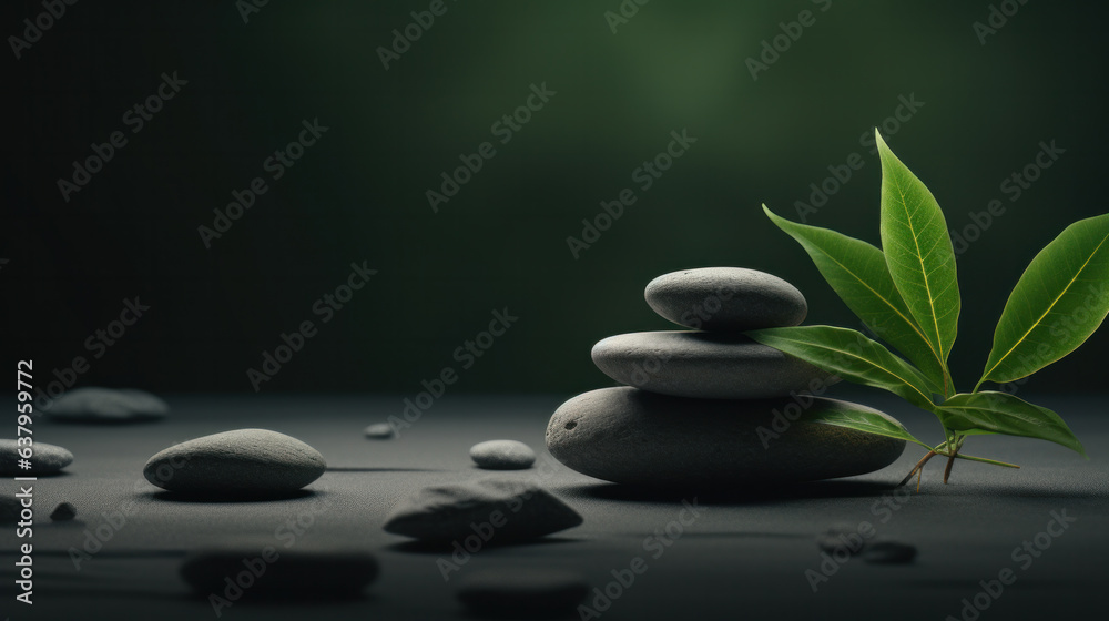 Grean leaves over zen stones pyramid on water surface Grean leaves over zen stones pyramid on water surface