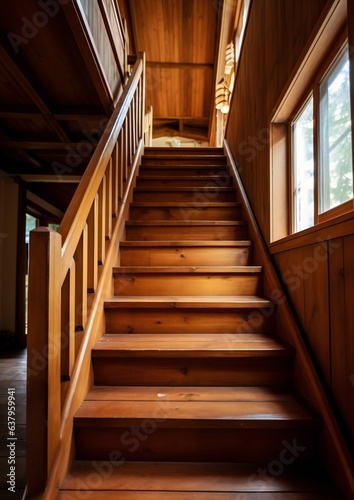 Wooden staircase to the attic in the house