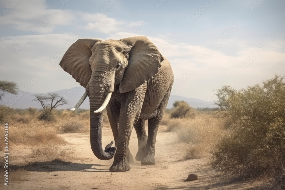 Fototapeta premium elephant walking with nice landscape