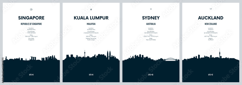 Fototapeta premium Travel vector set with city skylines Singapore, Kuala Lumpur, Sydney, Auckland, detailed city skylines minimalistic graphic artwork