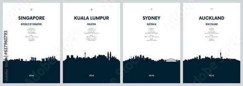 Travel vector set with city skylines Singapore, Kuala Lumpur, Sydney, Auckland, detailed city skylines minimalistic graphic artwork