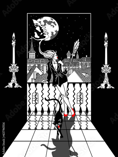 A witch with a broom stands on a balcony against the background of a medieval city. A metaphor. Moon. A woman's face.