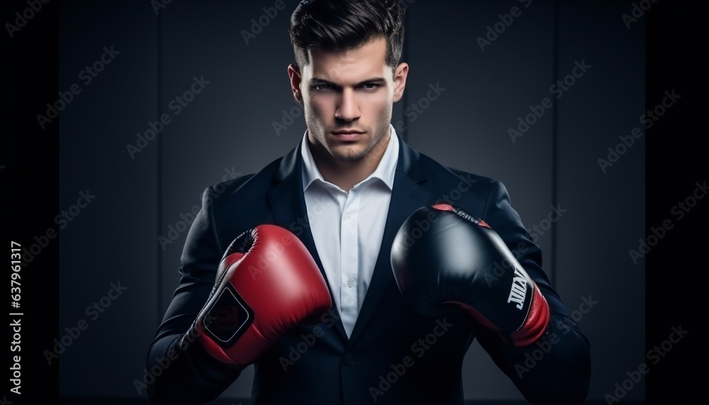 Young successful male wearing black suit and boxing gloves