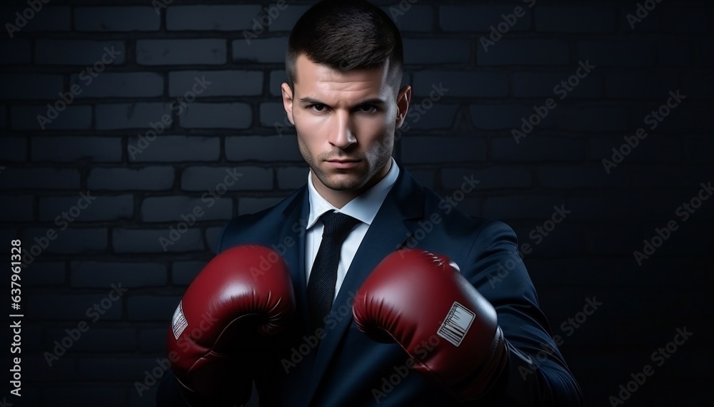 Young successful male wearing black suit and boxing gloves Young successful male wearing black suit and boxing gloves