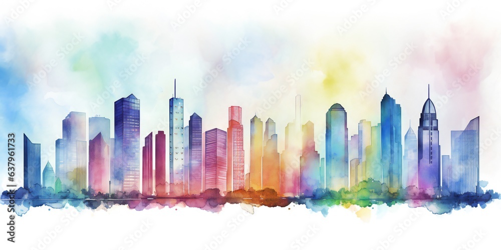 Watercolor background city skyscrapers colored