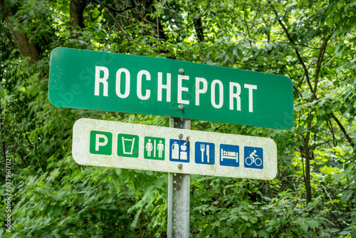 Rocheport sign on Katy Trail. It is the nation's longest rails-to-trails project, 237 mile bike trail, stretching from the Machens to Clinton, Missouri. photo