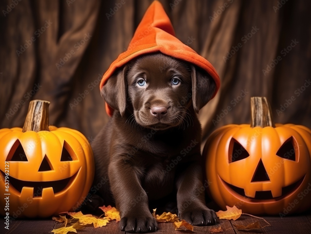 Cute puppy chocolate hair labrador retriever and English cocker spaniel dog is dressed as a ghost in Halloween theme.