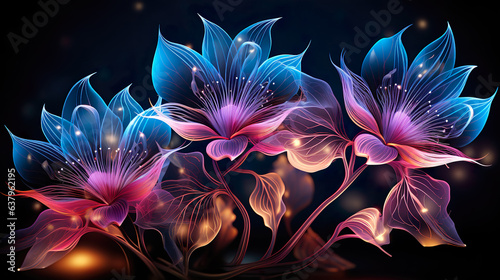 Beautiful flowers in light painting style on a black background. 
