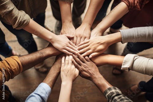 A photo of a group of people holding hands in a circle. Concept of team support. photo