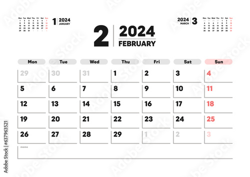 2024年2月のカレンダー - 月曜始まりの月めくりカレンダー - 3ヶ月分･祝日表記なし･A版比率
