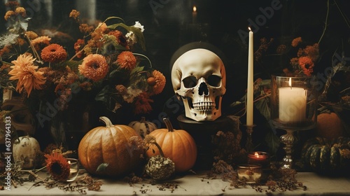 Generative AI, Halloween background with skull, flowers and feathers in boho style, muted neutral colors, home decoration