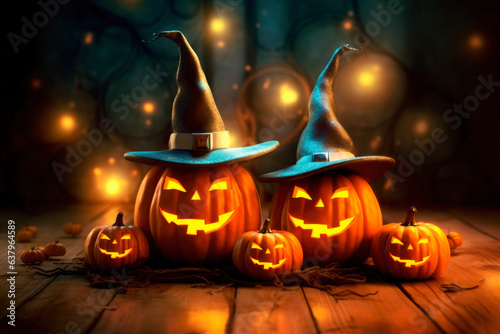 Halloween orange carved jack lantern pumpkins and decorations at outdoor night
