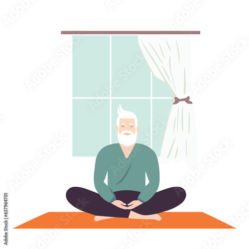 Vector illustration senior man with gray hair beard sitting on a yoga mat in lotus pose meditating. Stress management active healthy lifestyle mental health concept