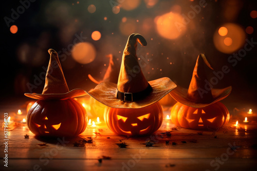 Halloween orange carved jack lantern pumpkins and decorations at outdoor night