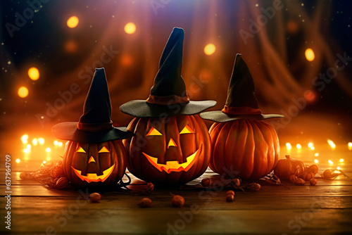 Halloween orange carved jack lantern pumpkins and decorations at outdoor night