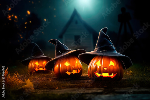 Halloween orange carved jack lantern pumpkins and decorations at outdoor night