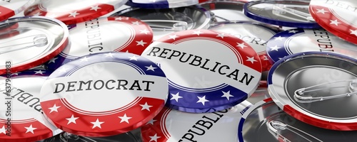 Democrats and republicans round badges - election concept - 3D illustration