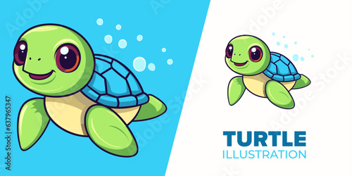 Cute turtle swimming: Flat vector cartoon icon illustration - ideal for posters, cards, decoration, and print