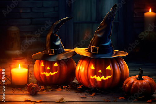 Halloween orange carved jack lantern pumpkins and decorations at outdoor night