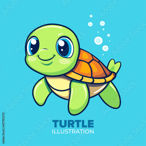 Cute turtle swimming: Vector icon illustration in flat cartoon style - perfect for posters, cards, decoration, and print
