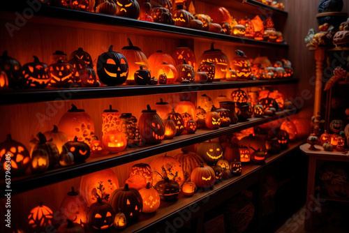 Halloween orange carved jack lantern pumpkins and decorations at outdoor night