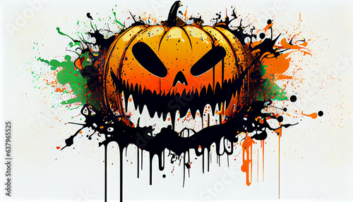 Graffiti halloween pumpkin with funny teeth and paint splashes in the eyes white background, in the style of bold lithographic, drips and splatters, Ai generated image photo