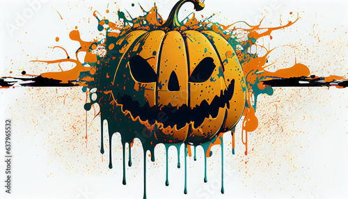 Graffiti halloween pumpkin with funny teeth and paint splashes in the eyes white background, in the style of bold lithographic, drips and splatters, Ai generated image photo