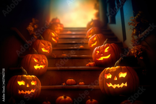 Halloween orange carved jack lantern pumpkins and decorations at outdoor night