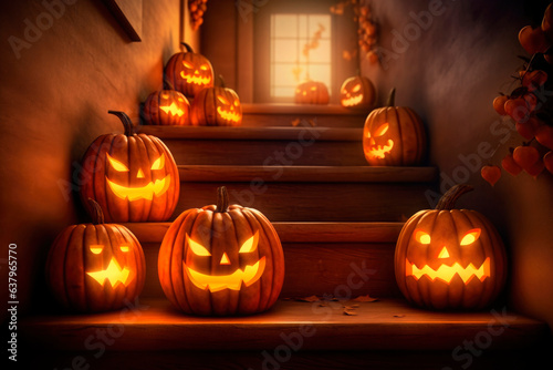 Halloween orange carved jack lantern pumpkins and decorations at outdoor night