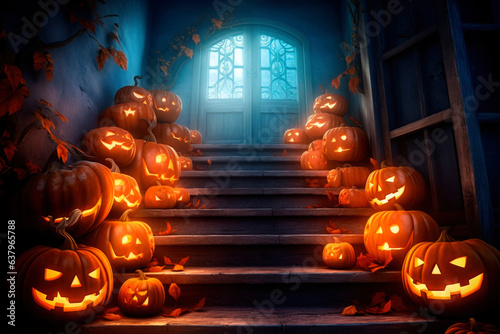 Halloween orange carved jack lantern pumpkins and decorations at outdoor night