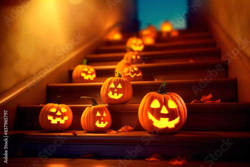 Halloween orange carved jack lantern pumpkins and decorations at outdoor night