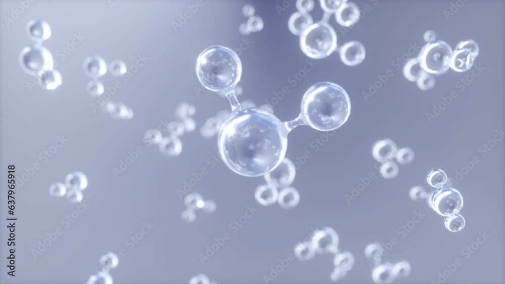 Glass molecule or atom model, 3d microscope view. Abstract molecular structure floating in slow motion on blurred background. Hydrogen or oxygen gas particles. For science, beauty or medicine matters