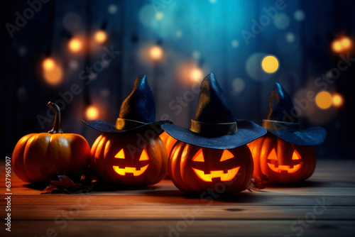 Halloween orange carved jack lantern pumpkins and decorations at outdoor night