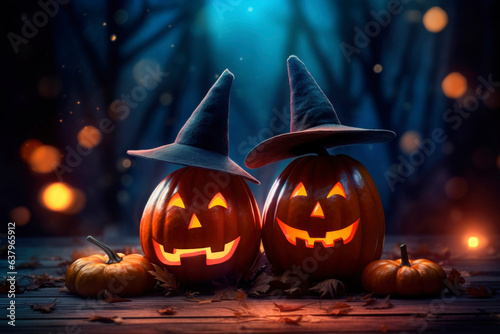 Halloween orange carved jack lantern pumpkins and decorations at outdoor night